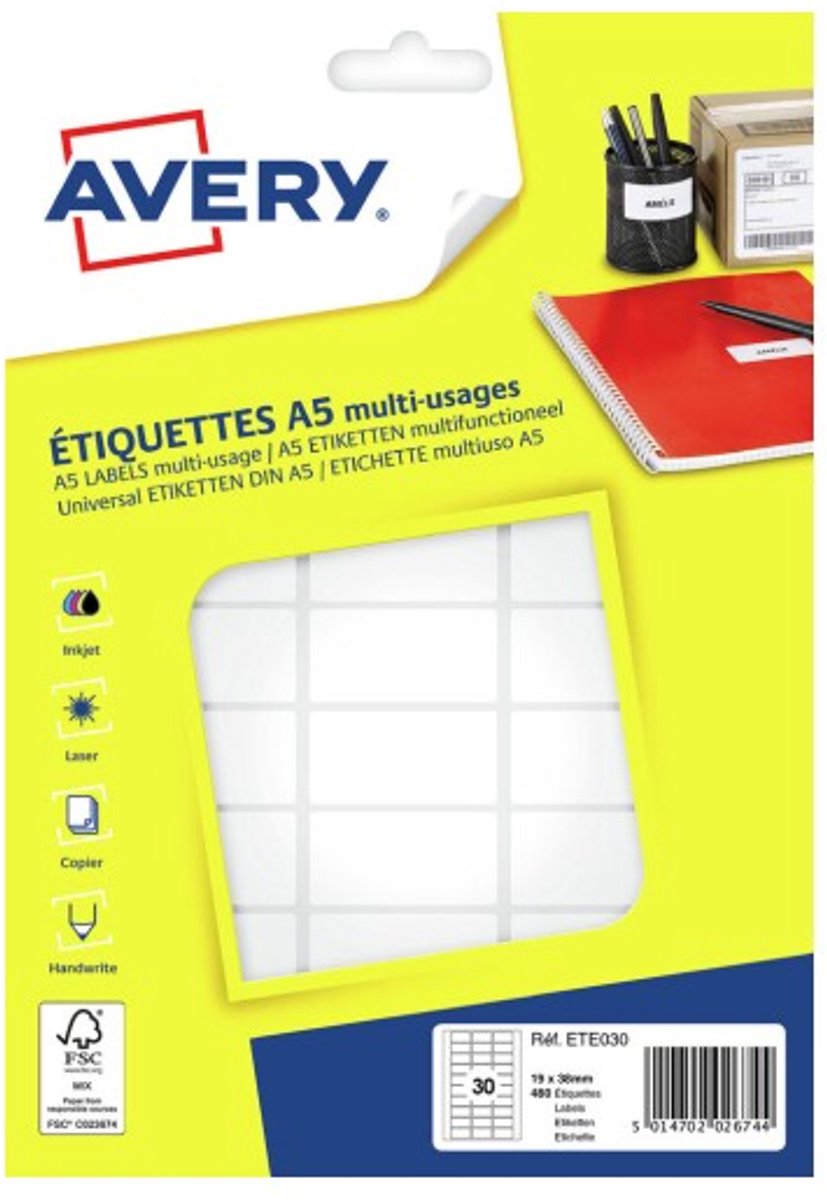 Avery ETE030 printeretiket Wit Zelfklevend printerlabel