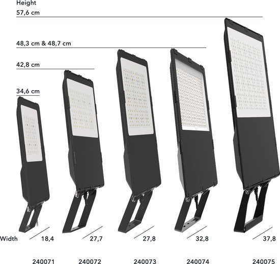 Vergelijking van vijf maten zwarte LED-schijnwerpers met afmetingen.
