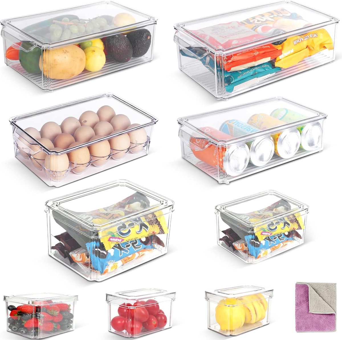 Koelkastorganizerset, set van 9 transparante opbergdozen, koelkastdozen, stapelbare koelkastcontainers met deksel voor keukens, kasten, voorraadkast, lade