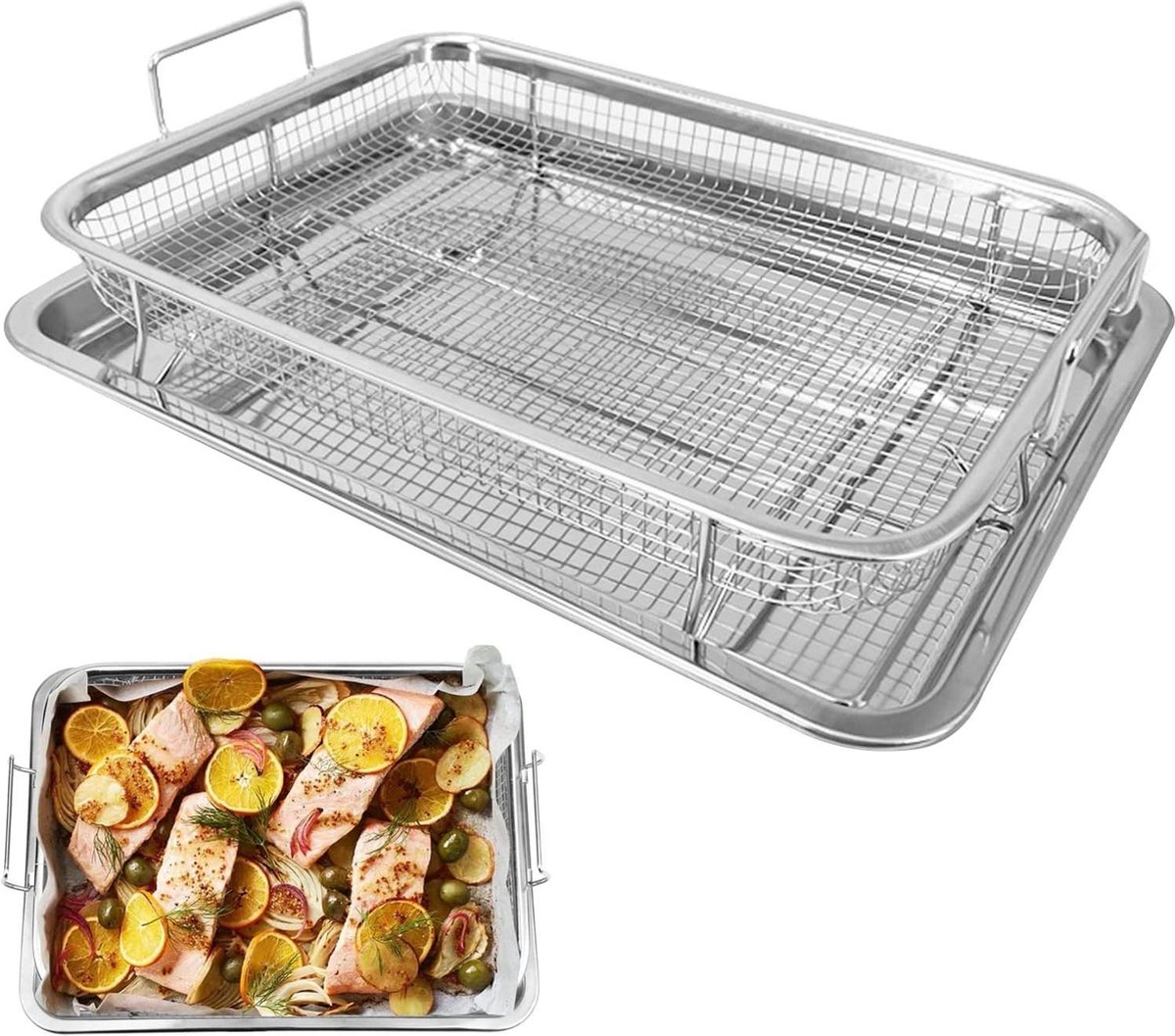 Rvs Crisper Lade en Mand 13 "x9.6 "x3.1" Oven Air-Fryer Pan Mesh Basket Set - Bakken Krokante Kip Frieten Ui Ringen cooling rack