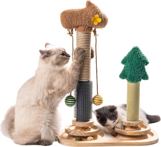 Foto: 3 in 1 interactief houten kattenspeelgoed draaitafel kittenspeelgoed kattenhangballen krabpalen binnenkatten 40 x 57 cm cat sisal