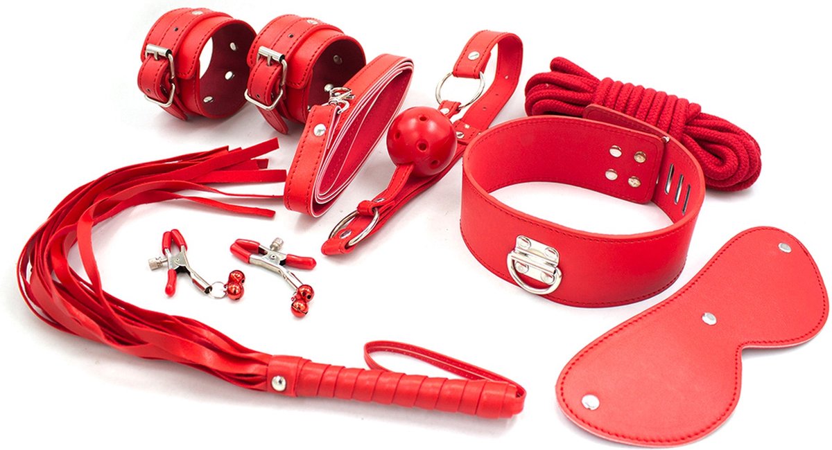 Goedkoopste Fixxx - BDSM Set Beginners - PU-leer - 8 delen - Rood