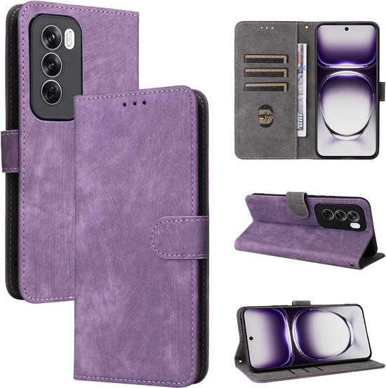 Collage d'étuis de téléphone violets : fermé, ouvert, en mode paysage et déplié, montrant la caméra et l'intérieur avec fentes pour cartes.