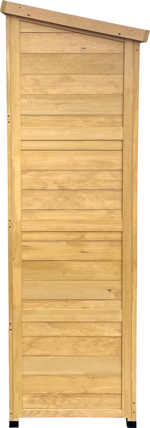 Zij-aanzicht van een houten berging met schuin dak en horizontale lamellen.