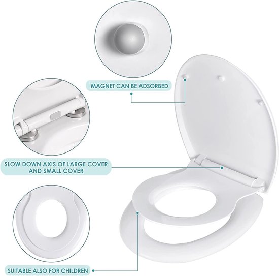 Familie Toiletbril Coree Toiletdeksel Met Kinderzitje – Soft Close, Quick Release En Antislip (Wit, D/U-Vorm) 150kg Draagvermogen