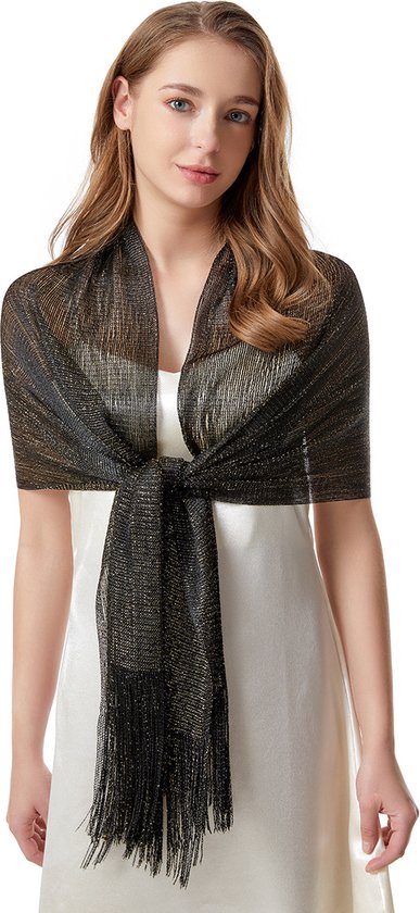 Yuson Girl Stola feestelijke sjaal voor dames, glinsterende sjaals en omslagdoeken met franjes, elegante metallic pashmina-sjaal voor bruidsjurken, avondjurken, B, Eén maat