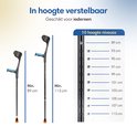 Twee krukken met hoogte-indicaties. De ene is 89 cm, de andere 113 cm. Rechts een tabel met 10 hoogteniveaus.