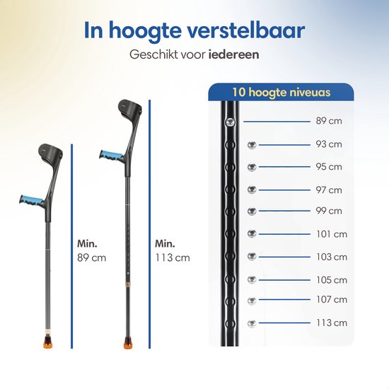 Twee krukken met hoogte-indicaties. De ene is 89 cm, de andere 113 cm. Rechts een tabel met 10 hoogteniveaus.