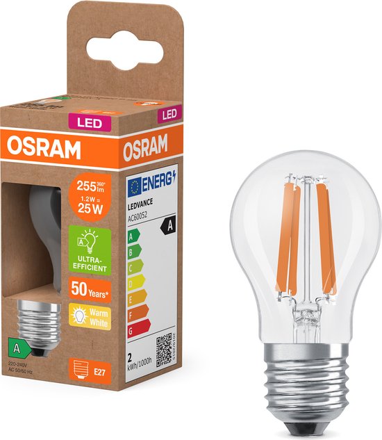 Osram LED lamp in classic miniball shape, with decorative LED filament, energy efficiency class A, E27, 1.2 W, 255 lm, 2700 K, warm white. 100% light straight away, with no warming up.