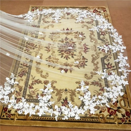 Bruidssluier, Bruiloft sluiers 3D bloemen bloemen sluier 1 laag lange kathedraal kanten rand prachtige elegante bruids sluiers (Color : Off white, Size : 200cm