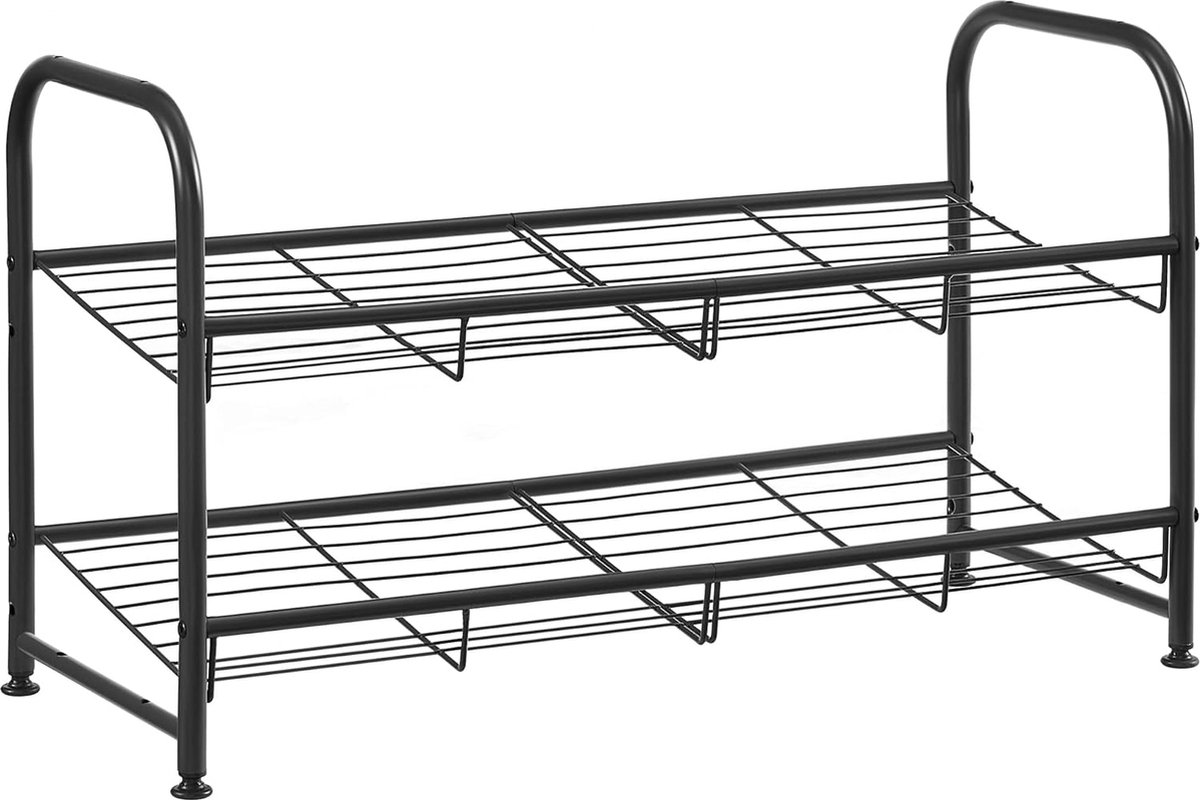 FurnStar - Schoenenrek - 2-laags stapelbaar schoenenrek - metalen schoenenorganizer met verstelbare platte of schuine planken - 27.5 x 68.5 x 37 cm - zwart