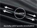 Zwarte stof met elastische pijlen en de tekst 'ELASTIC'. Speciale spandex stretchstof.