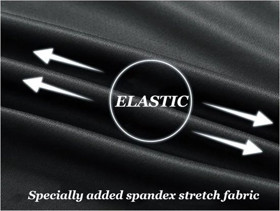 Zwarte stof met elastische pijlen en de tekst 'ELASTIC'. Speciale spandex stretchstof.