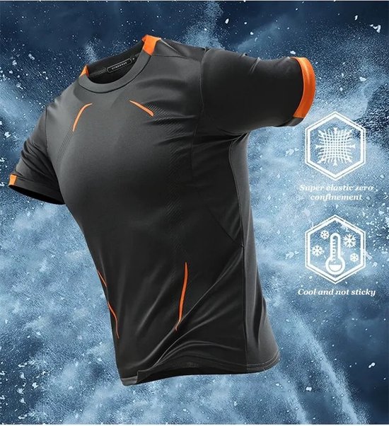 Donkergrijs sportshirt met oranje accenten, op een blauwe, ijzige achtergrond. Met tekst 'Super elastic zero confinement' en 'Cool and not sticky'.