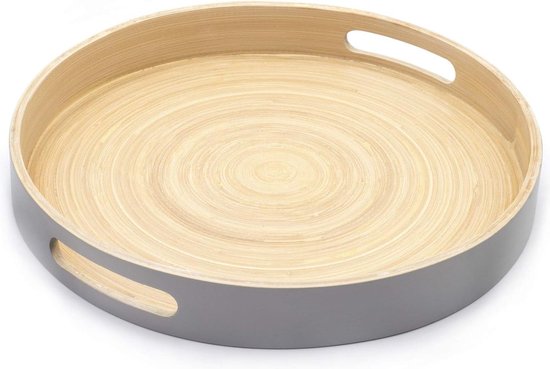 Foto: Dienblad 60x60 stijlvol houten bamboe dienblad grijs groot luxe ronde houten schoot trays voor eten diner thee en koffie dienblad bar drankjes of voedsel serveerschalen met handgrepen dienblad 60x60