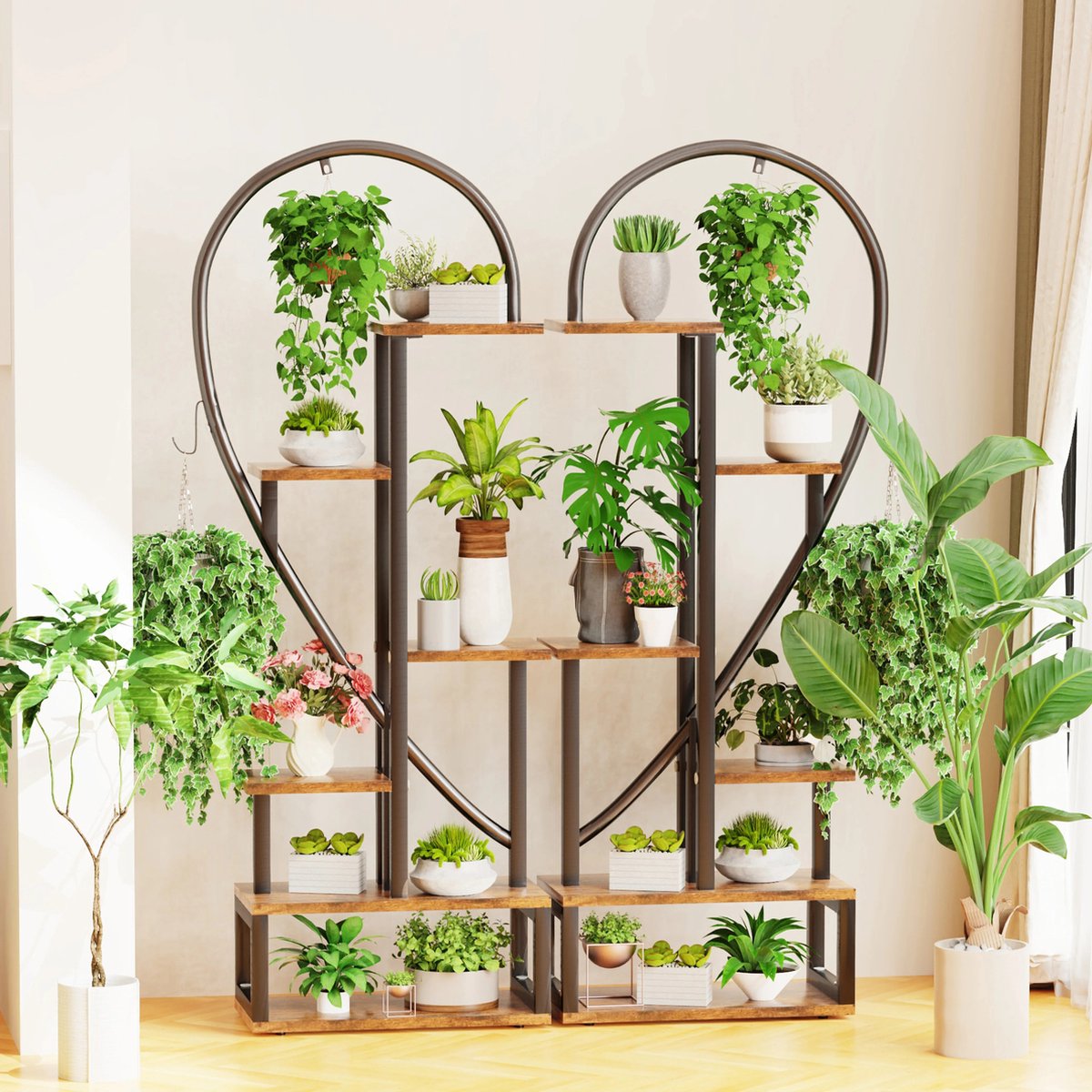 Instinct 6-Tier Metalen Plant Stand: Creatieve Half Hartvormige Ladder voor Meerdere Kamerplanten met Zwarte Afwerking