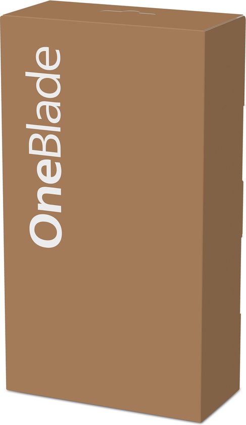 Bruine doos met de witte tekst "OneBlade" verticaal erop.