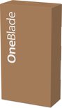 Bruine doos met de witte tekst "OneBlade" verticaal erop.