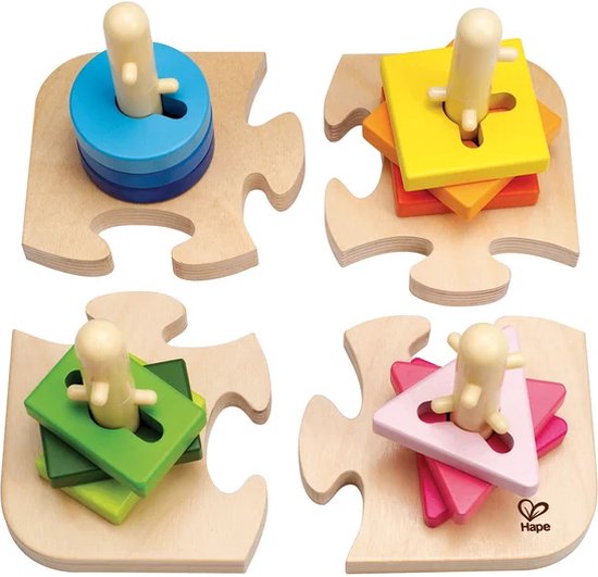 Hape Steckpuzzle met blauwe ringen, gele en oranje vierkanten, groene vierkanten en roze driehoeken.