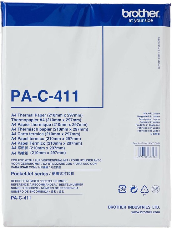 Brother PA-C-411 A4 thermisch papier (210mm x 297mm), wit met blauwe opdruk.