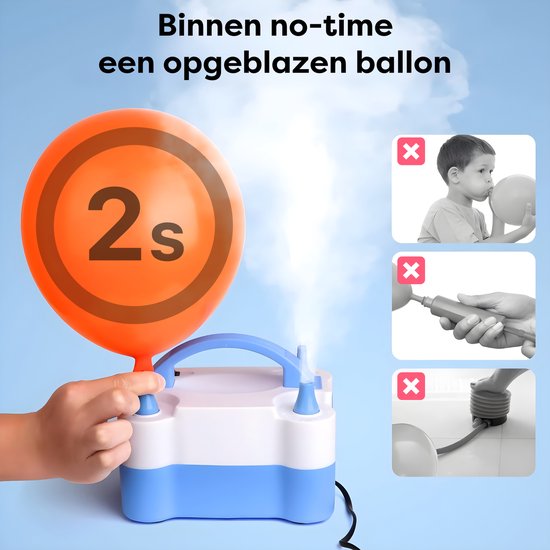 Une pompe à ballons bleu et blanc gonfle un ballon en 2 secondes. Les images opposées montrent le gonflage manuel.