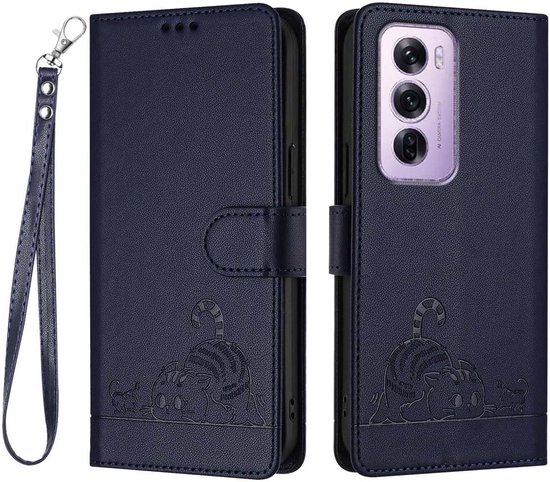 Convient pour Oppo Reno 12 Pro 5G - Étui portefeuille en cuir magnétique - Porte-cartes - Book Case - Bleu foncé