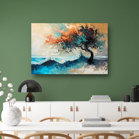 Décoration murale arbre - Tableau nature - Peinture sur toile Mer - Tableau vintage - Tableaux sur toile salon - Décoration chambre toile 120x80 cm