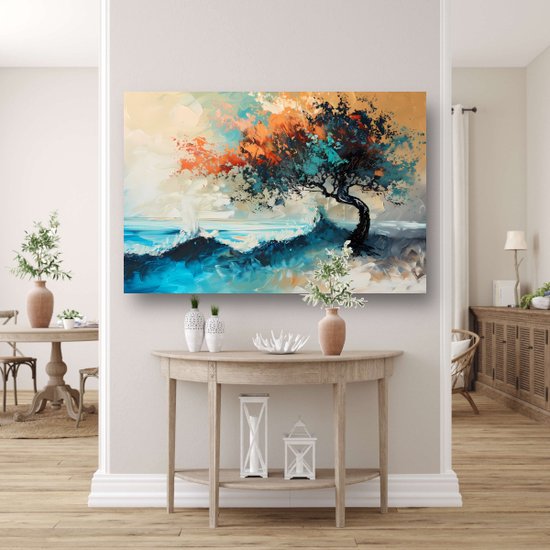Décoration murale arbre - Tableau nature - Peinture sur toile Mer - Tableau vintage - Tableaux sur toile salon - Décoration chambre toile 120x80 cm