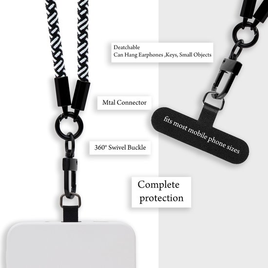 Chaîne de téléphone portable Cadorabo adaptée au WIKO Y60 en NOIR - BLANC avec cordon de sangle réglable à accrocher autour du cou