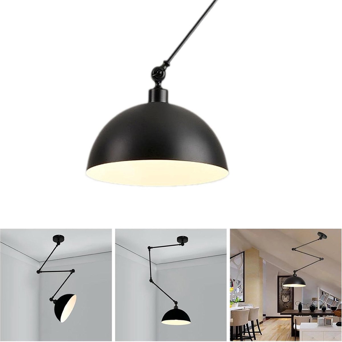 Hoogte verstelbare zwarte industriële hanglamp met draaibare arm voor keuken en slaapkamer - Eettafel verlichting met metalen lampenkap