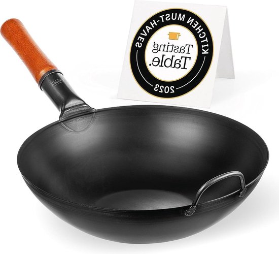 Wokpan inductie YOSUKATA Koolstofstalen Wokpan en Roerbakpannen 34 cm - Voorbehandelde Wok met Platte Bodem - Pow Wok - Traditionele Chinese Wok Groot -Past bij Gas Inductie Elektrisch Open Vuur Wokpan inductie