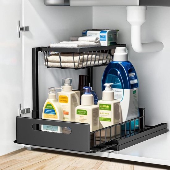 Relaxdays keuken organizer, 2 uitschuifbare manden, badkamerrek van metaal, HBD: 32 x 19 x 35,5cm, kast-organizer, zwart