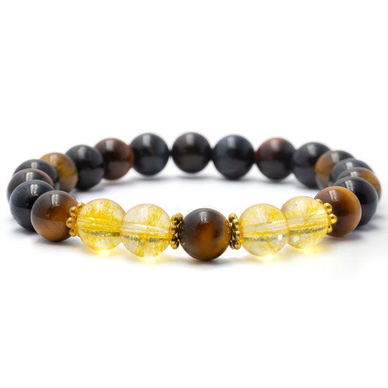 Bixorp Gems Citrien + 3 Kleuren Tijgeroog Edelstenen Armband - 8mm / 18cm - Om & Om Edelsteen Kralenarmband