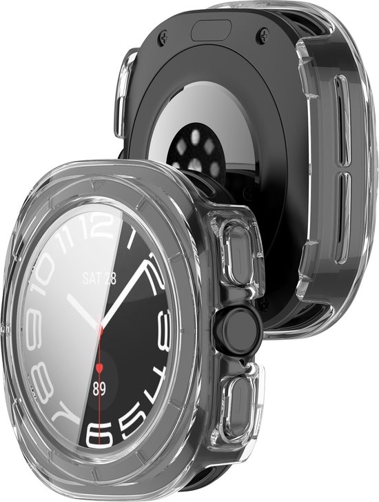 Transparant hoesje met zwart smartwatch, met wijzerplaat en datum.