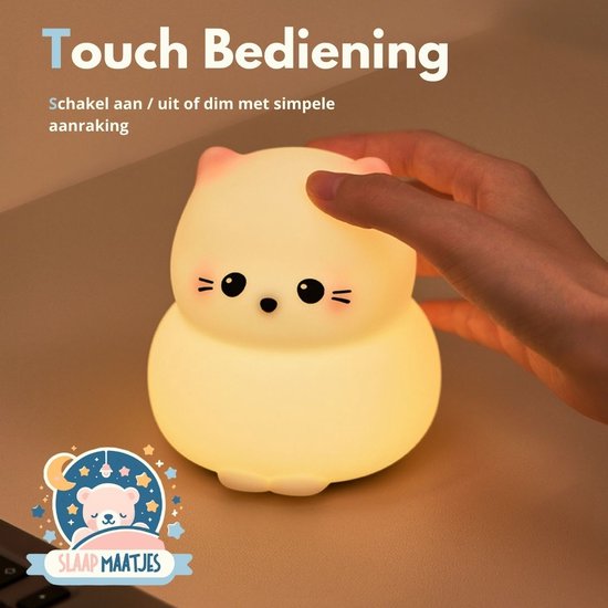 Kinder Nachtlampje Kitten - Nachtlampje Baby - Met aanraaksensor- Veilig voor kinderen - USB Oplaadbaar - Dimbaar - LED - Slaap Maatjes