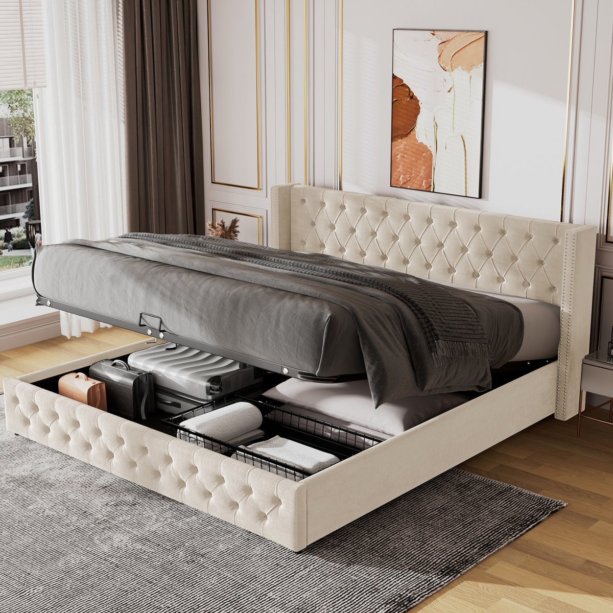 Sweiko Gestoffeerd bed - 140 × 190 cm - Tweepersoonsbed - Velvet - Versierd met klinknagels - Opbergruimte - Waterdicht vlies - Beige