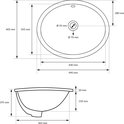 Dessin technique d'un lavabo ovale avec dimensions.