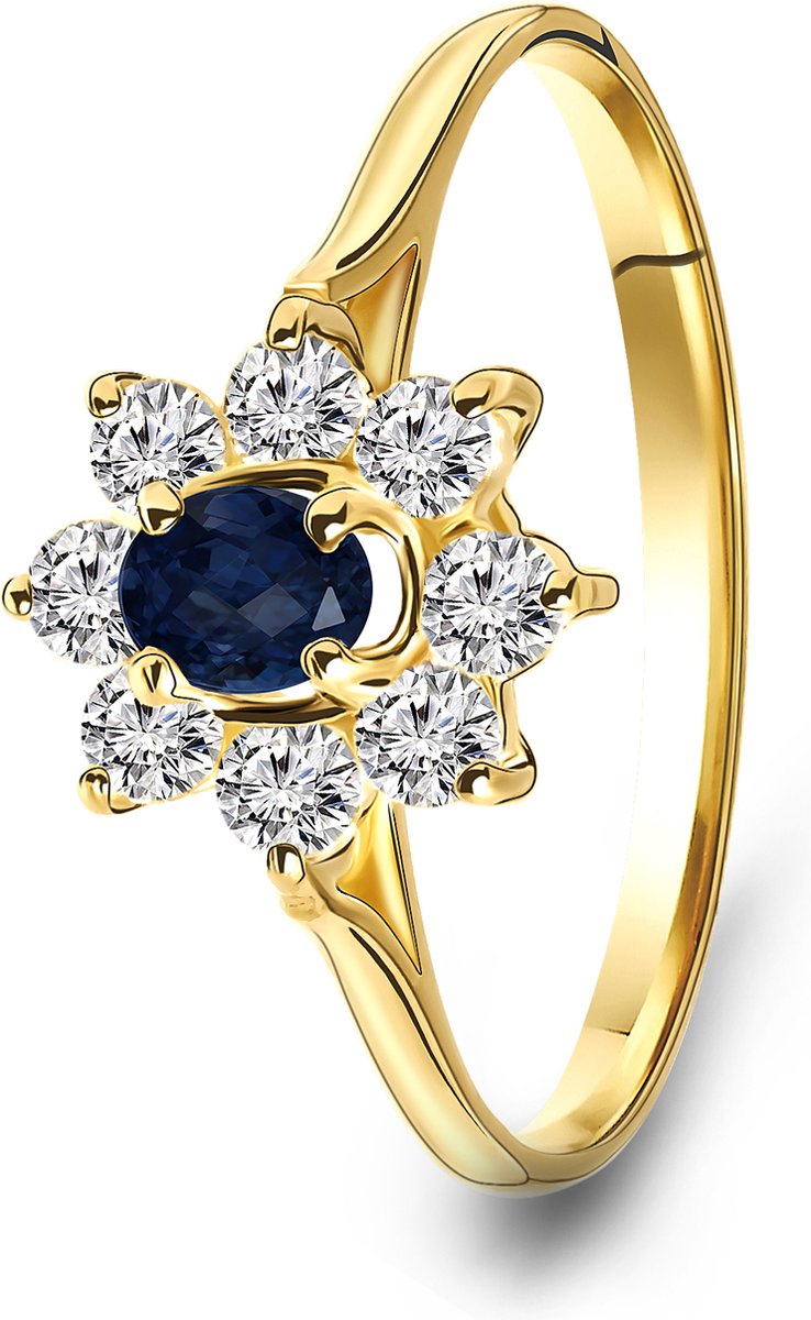 Miore Pure Ring - Gemaakt van 14 Karaat Goud - Met Zirkonen en een Saffier - Handgemaakte Sieraden - Elegant - Elegante Dames Sieraden - Maat 54