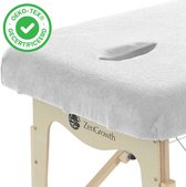 ZenGrowth® Badstof Hoeslaken Massagetafel Wit – Met uitsparing – 280 gram/m2 dikte – Geschikt voor massagetafels met lengte 180 tot 185 cm – 63 tot 71 cm breedte – Stretch materiaal