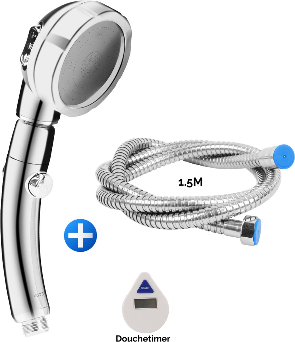 TECQX Luxe Hoge Druk Douchekop Set - 3 Standen - Pauze Knop - Universeel - Waterbesparend - Hoge druk - Douchekop met 1.5m slang en douchetimer – Chrome Zilver