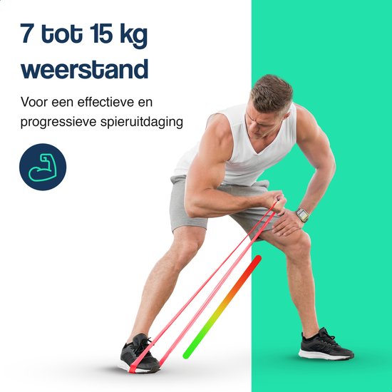 Man met gespierde armen traint met rode weerstandsbanden die van rood naar groen lopen, weerstand van 7 tot 15 kg.