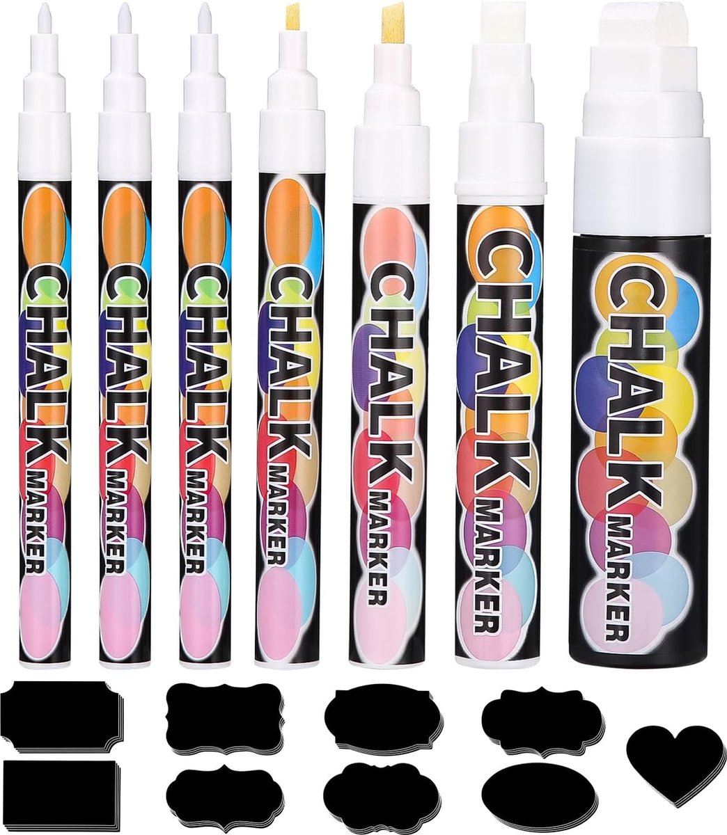 SOBEAU Droog uitwisbare witte vloeibare krijtstift witte krijtstiften voor venstertafel afwasbaar 7 stuks krijtstiften set van 45 krijtbordlabels (1 mm 1 mm 1 mm 3 mm 6 mm 10 mm en 15 mm)