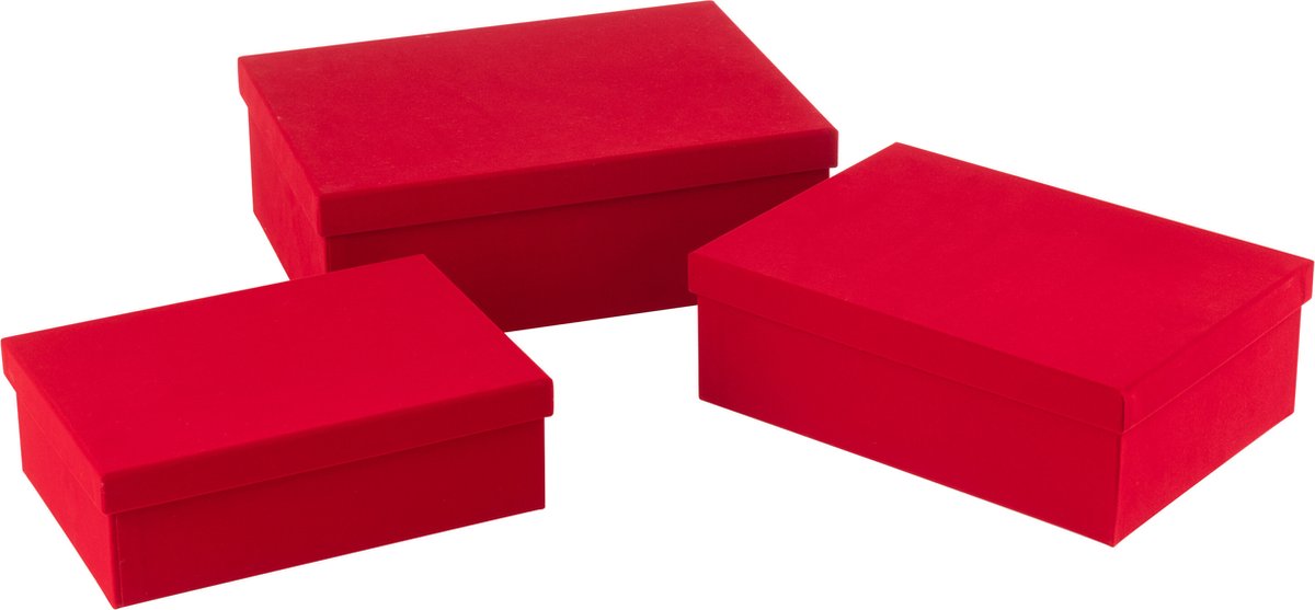 J-Line doos Rechthoekig - fluweel/papier - rood - 3 stuks