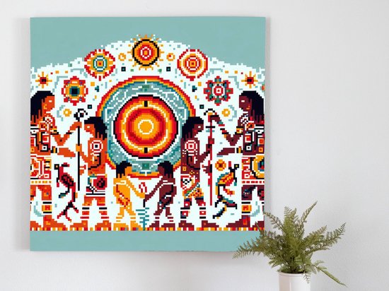 Pixel art aboriginal schilderij | Aborigine pixelated masterpiece: a fusion of tradition and technology | Kunst - 60x60 centimeter op Canvas | Foto op Canvas