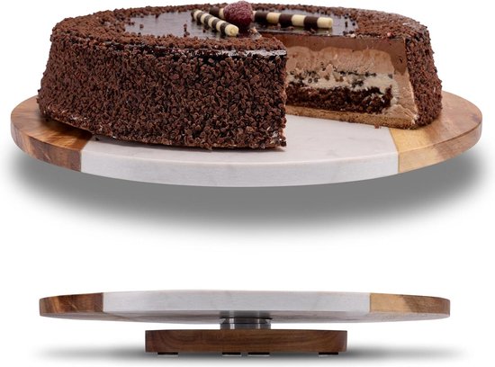 Assiette à gâteau rotative en marbre avec bol de service en bois d'acacia - Planche de service décorative pour organisateur de cuisine avec base - Planche à fromage ronde - Plateau déco plateau tournant en bois - Etagère décoration de table