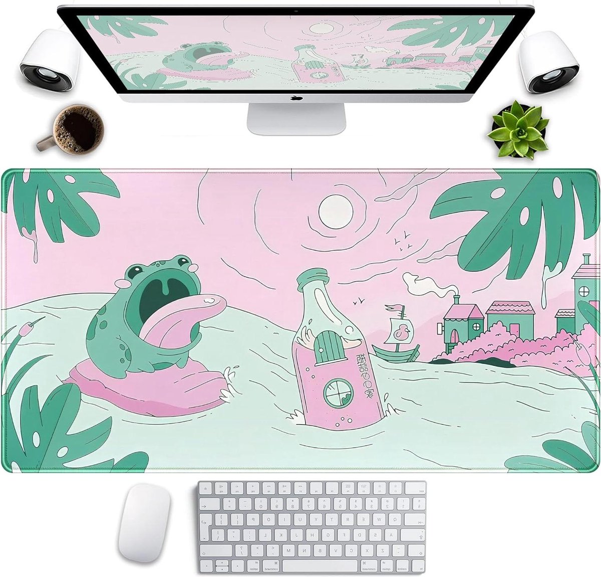 Leuke bureaumat - Roze en groen - Kawaii cartoon kikker - Schattige anime-muismat - Bureaubeschermer - 80 x 40 cm - Kawai esthetisch - Laptop toetsenbordmat - Grote gaming bureauonderlegger