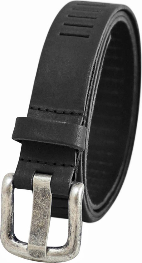 Zwarte leren riem met gesp en perforaties, 3 cm breed.