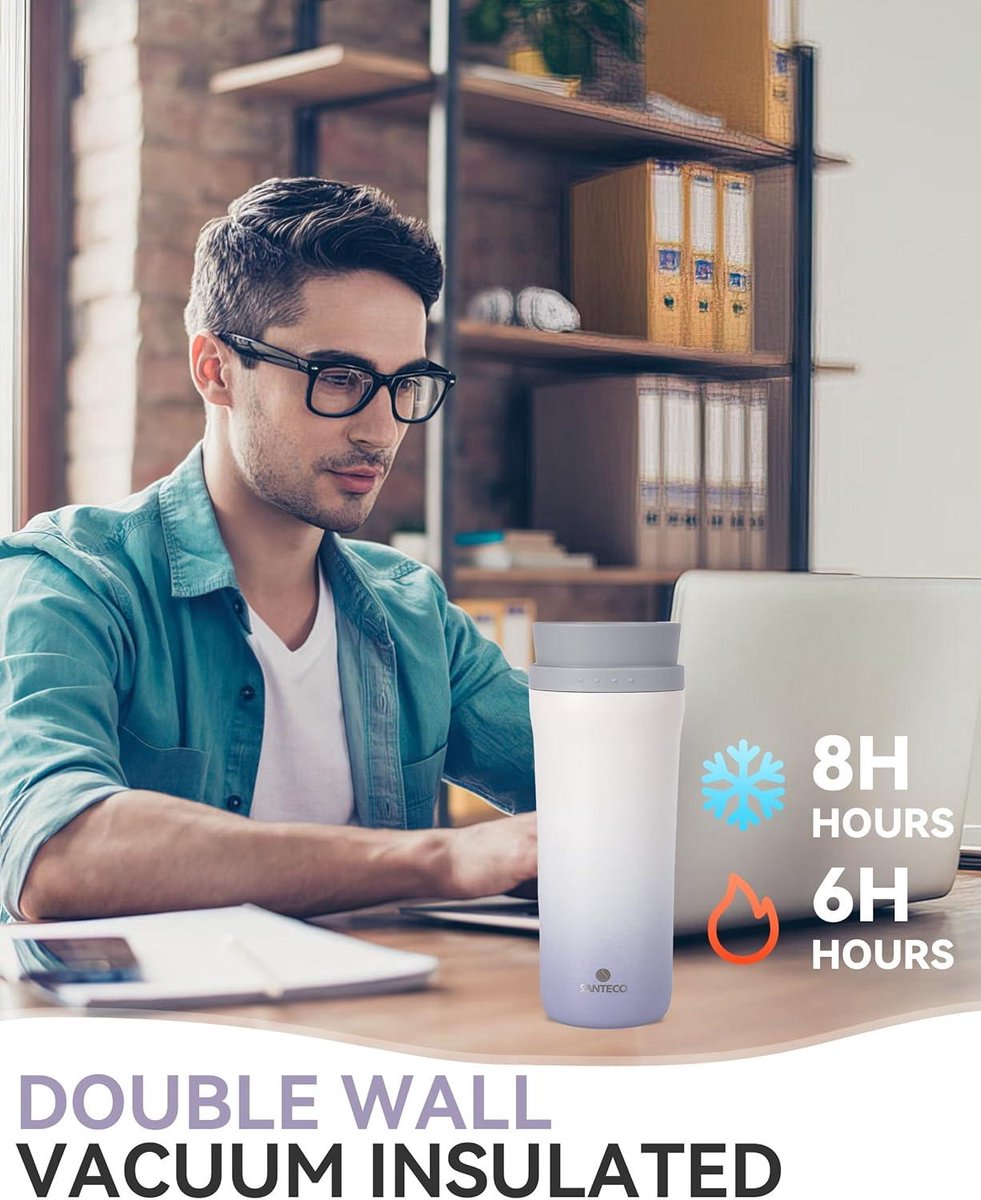 Thermische koffiemok, 480 ml, van roestvrij staal, BPA-vrij, luchtdicht, draagbaar, voor warm en koud, koffiebeker voor op reis, wit Thermische koffiemok, 480 ml, van roestvrij staal, BPA-vrij, luchtdicht, draagbaar, voor warm en koud, koffiebeker voor op reis, wit