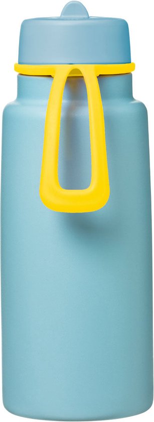 Lichtblauwe b.box drinkfles van roestvrij staal met geel handvat.