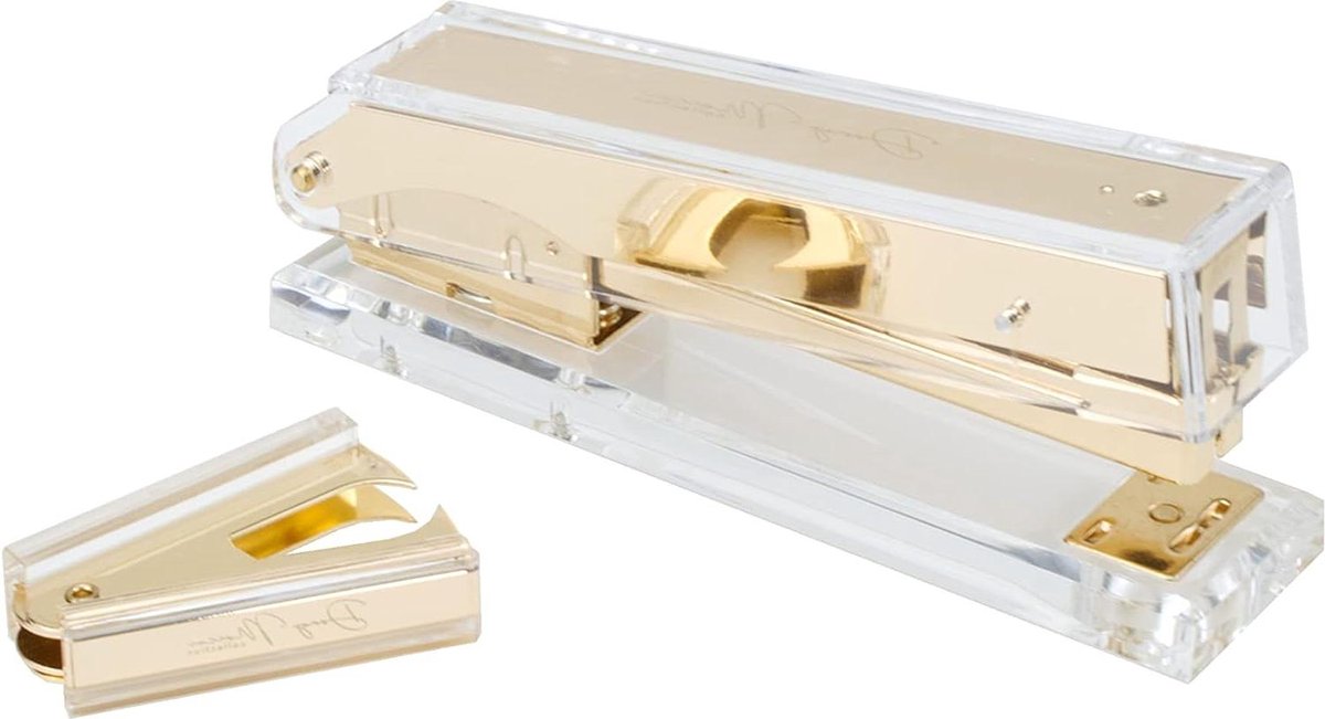 Nietmachine + nietjesverwijderaar van transparant acryl en goud metaal - 24/6 nietjes - 25 vellen